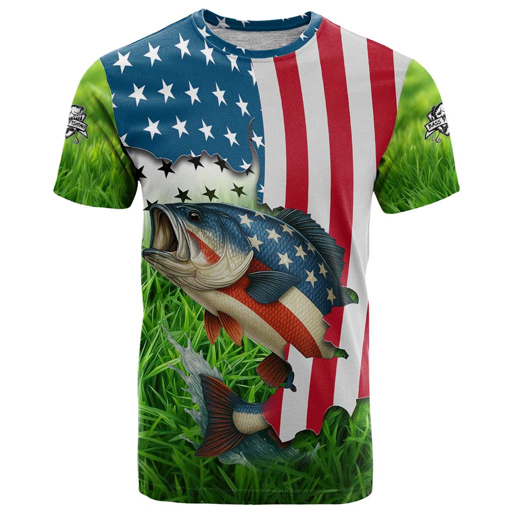 American Flag Bass Fishing Design T Shirt with Largemouth Bass and Green Grass Background - Wonder Print Shop