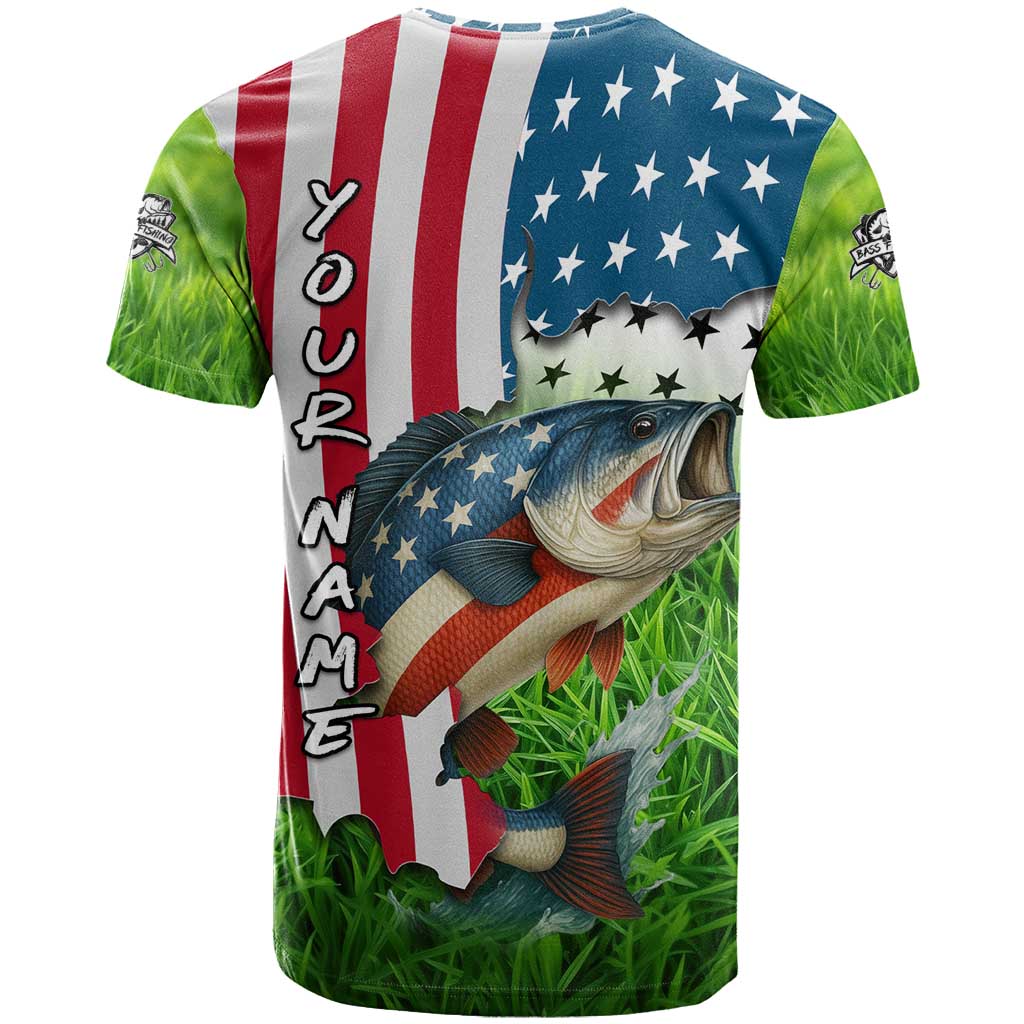 American Flag Bass Fishing Design T Shirt with Largemouth Bass and Green Grass Background - Wonder Print Shop