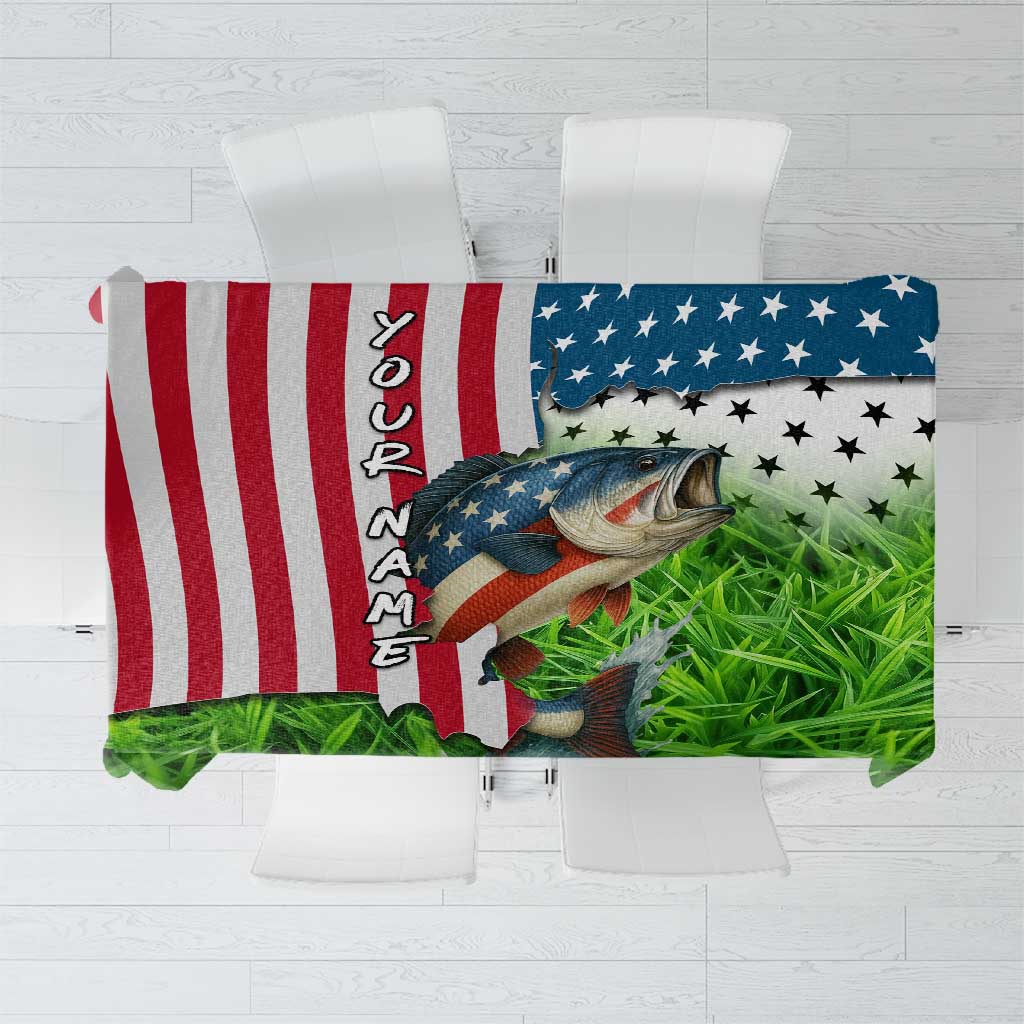 American Flag Bass Fishing Design Tablecloth with Largemouth Bass and Green Grass Background - Wonder Print Shop