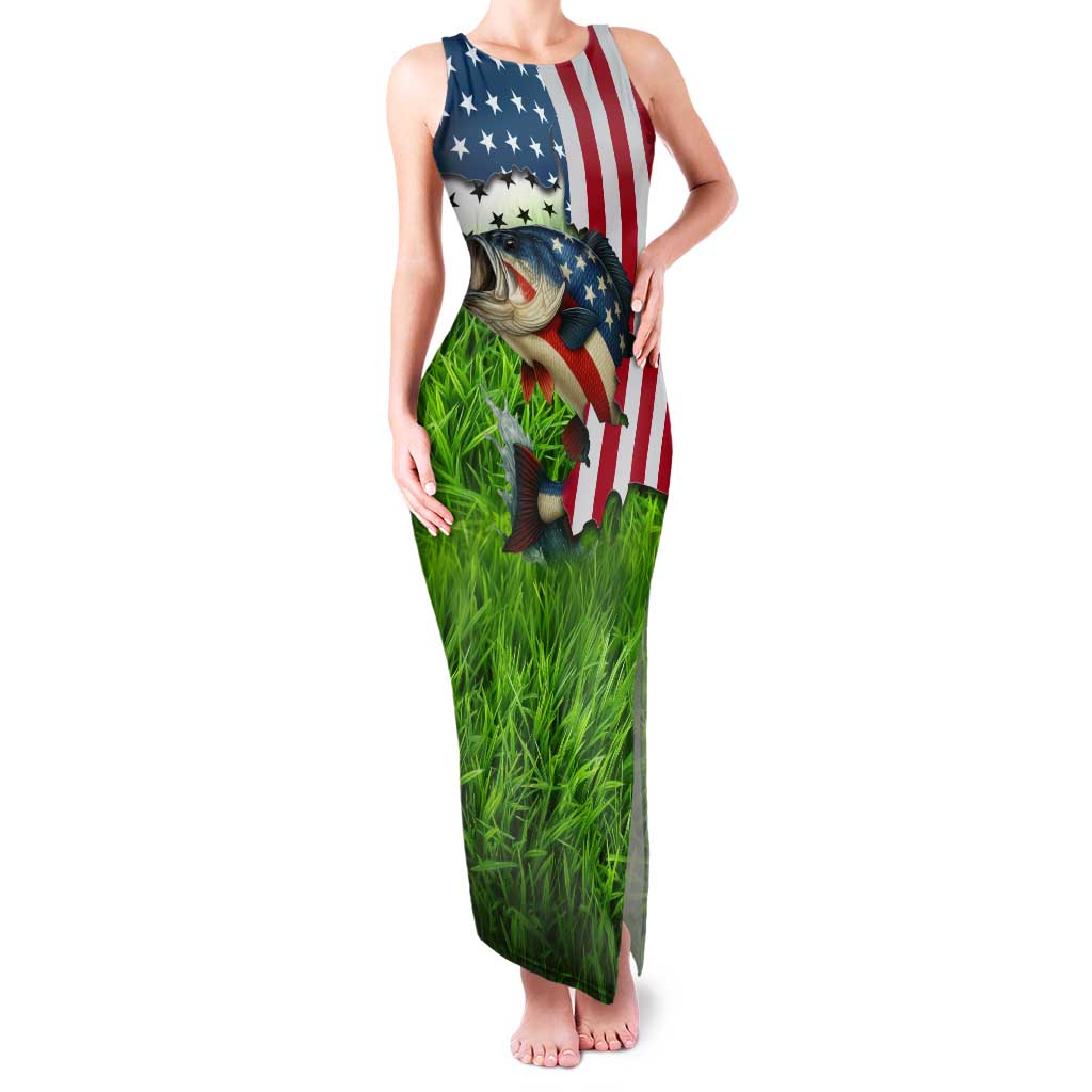 American Flag Bass Fishing Design Tank Maxi Dress with Largemouth Bass and Green Grass Background - Wonder Print Shop