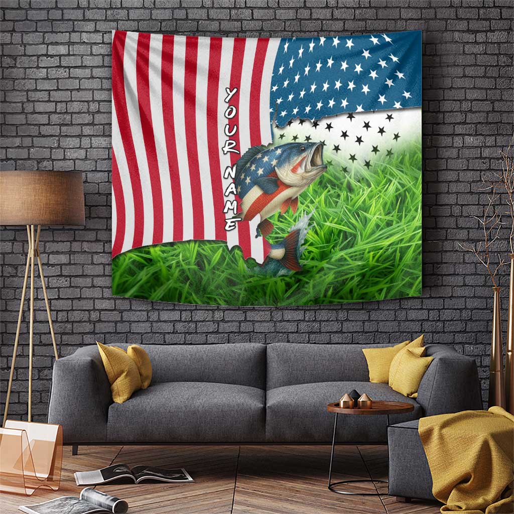 American Flag Bass Fishing Design Tapestry with Largemouth Bass and Green Grass Background - Wonder Print Shop