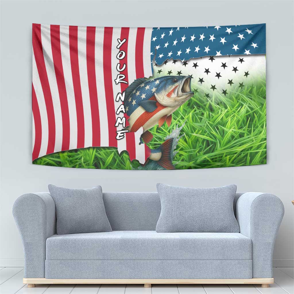 American Flag Bass Fishing Design Tapestry with Largemouth Bass and Green Grass Background - Wonder Print Shop