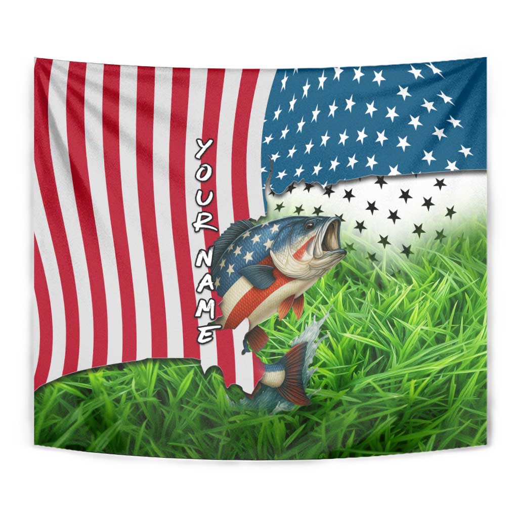 American Flag Bass Fishing Design Tapestry with Largemouth Bass and Green Grass Background - Wonder Print Shop