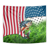 American Flag Bass Fishing Design Tapestry with Largemouth Bass and Green Grass Background - Wonder Print Shop