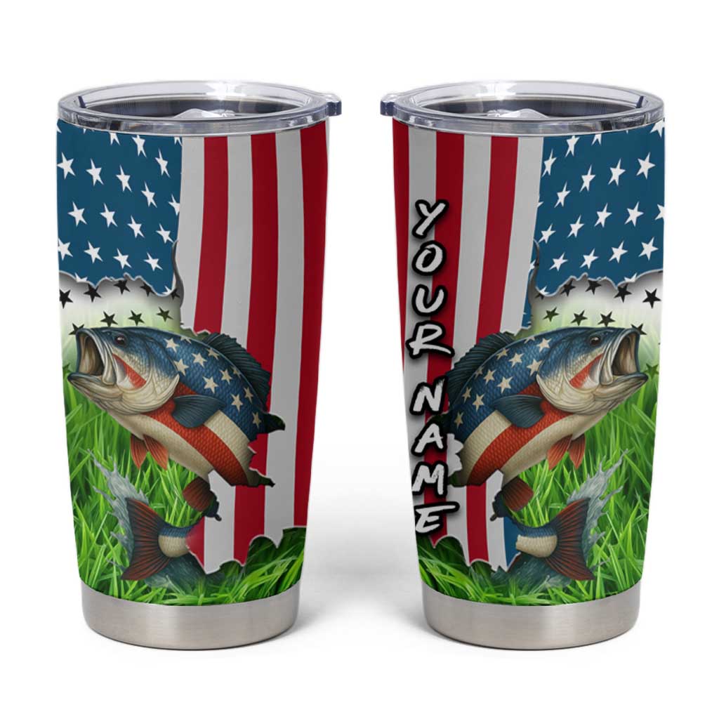 American Flag Bass Fishing Design Tumbler Cup with Largemouth Bass and Green Grass Background - Wonder Print Shop