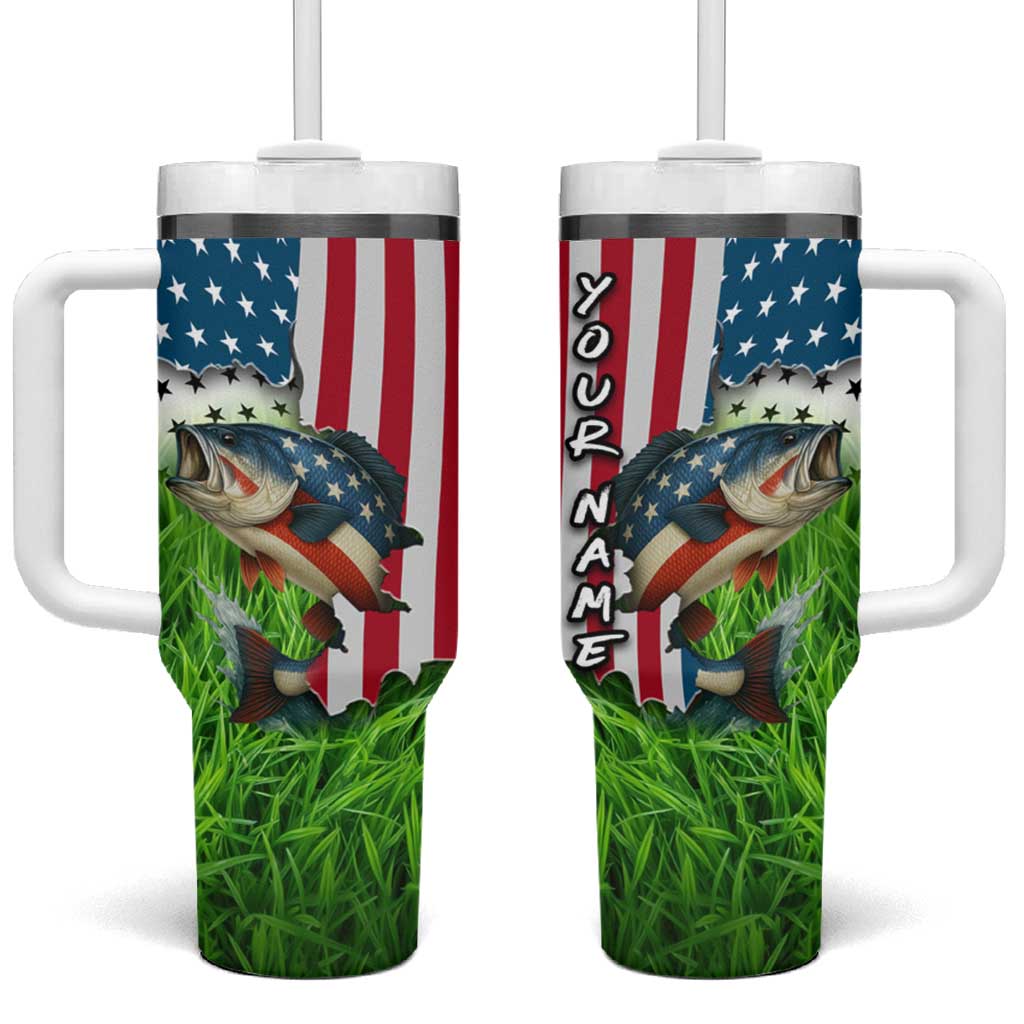 American Flag Bass Fishing Design Tumbler With Handle with Largemouth Bass and Green Grass Background - Wonder Print Shop