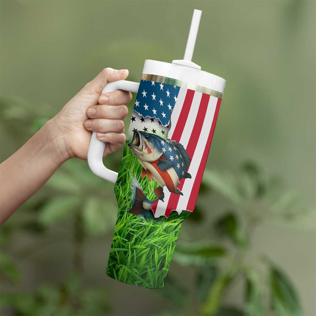 American Flag Bass Fishing Design Tumbler With Handle with Largemouth Bass and Green Grass Background - Wonder Print Shop