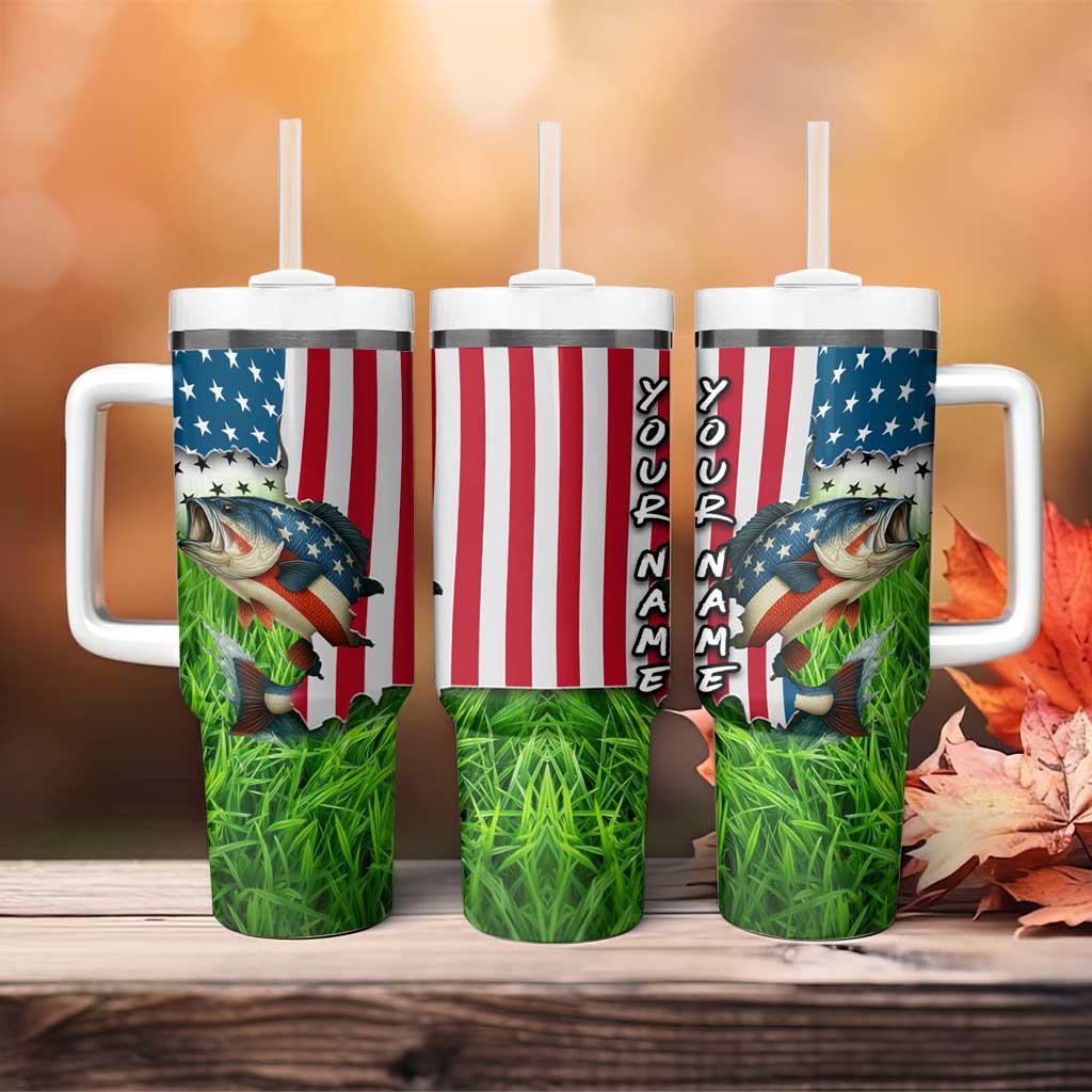 American Flag Bass Fishing Design Tumbler With Handle with Largemouth Bass and Green Grass Background - Wonder Print Shop