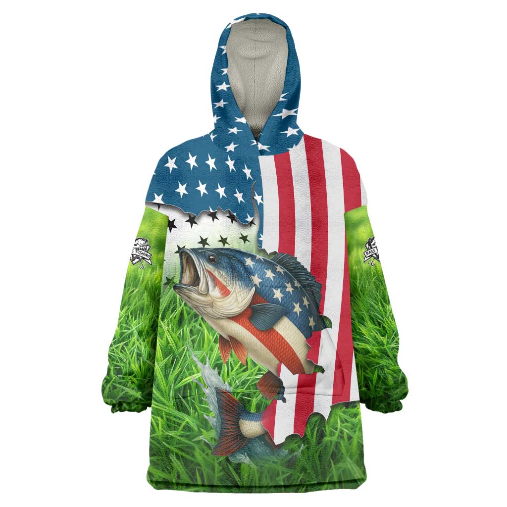 American Flag Bass Fishing Design Wearable Blanket Hoodie with Largemouth Bass and Green Grass Background - Wonder Print Shop