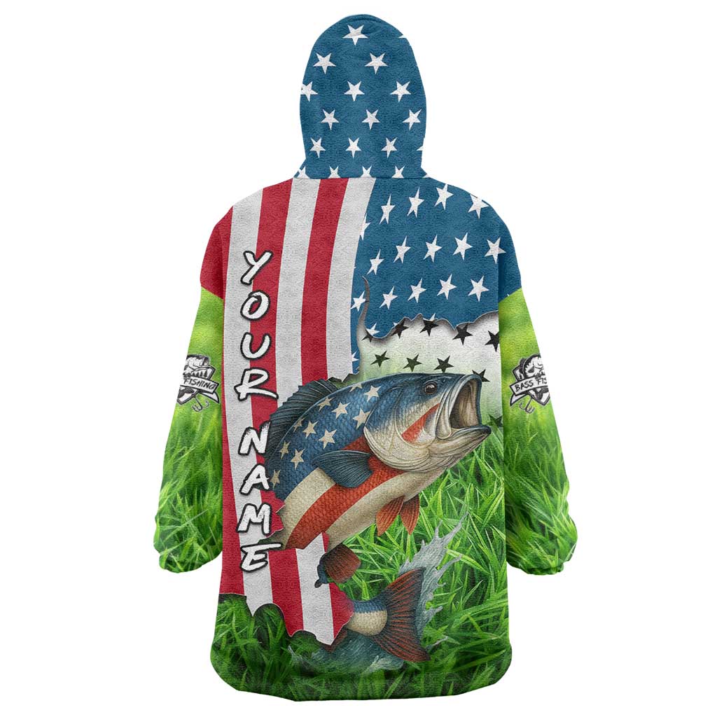 American Flag Bass Fishing Design Wearable Blanket Hoodie with Largemouth Bass and Green Grass Background - Wonder Print Shop