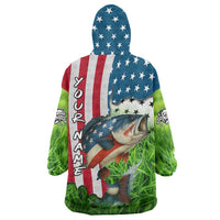American Flag Bass Fishing Design Wearable Blanket Hoodie with Largemouth Bass and Green Grass Background - Wonder Print Shop