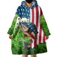 American Flag Bass Fishing Design Wearable Blanket Hoodie with Largemouth Bass and Green Grass Background - Wonder Print Shop