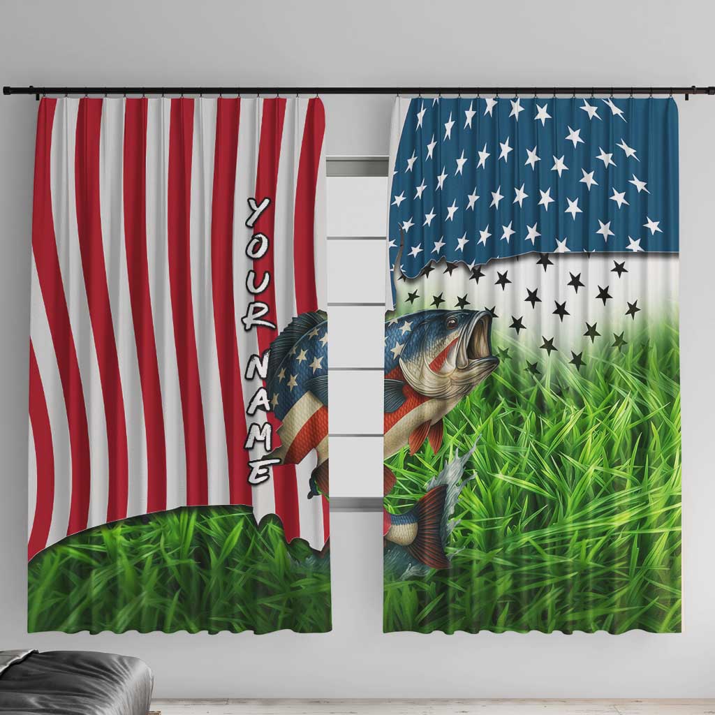 American Flag Bass Fishing Design Window Curtain with Largemouth Bass and Green Grass Background - Wonder Print Shop