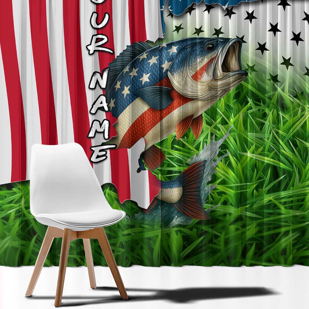 American Flag Bass Fishing Design Window Curtain with Largemouth Bass and Green Grass Background - Wonder Print Shop
