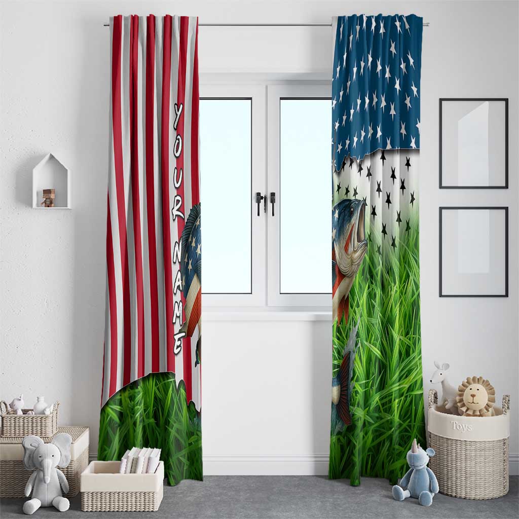 American Flag Bass Fishing Design Window Curtain with Largemouth Bass and Green Grass Background - Wonder Print Shop