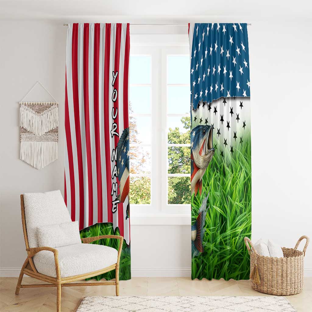 American Flag Bass Fishing Design Window Curtain with Largemouth Bass and Green Grass Background - Wonder Print Shop