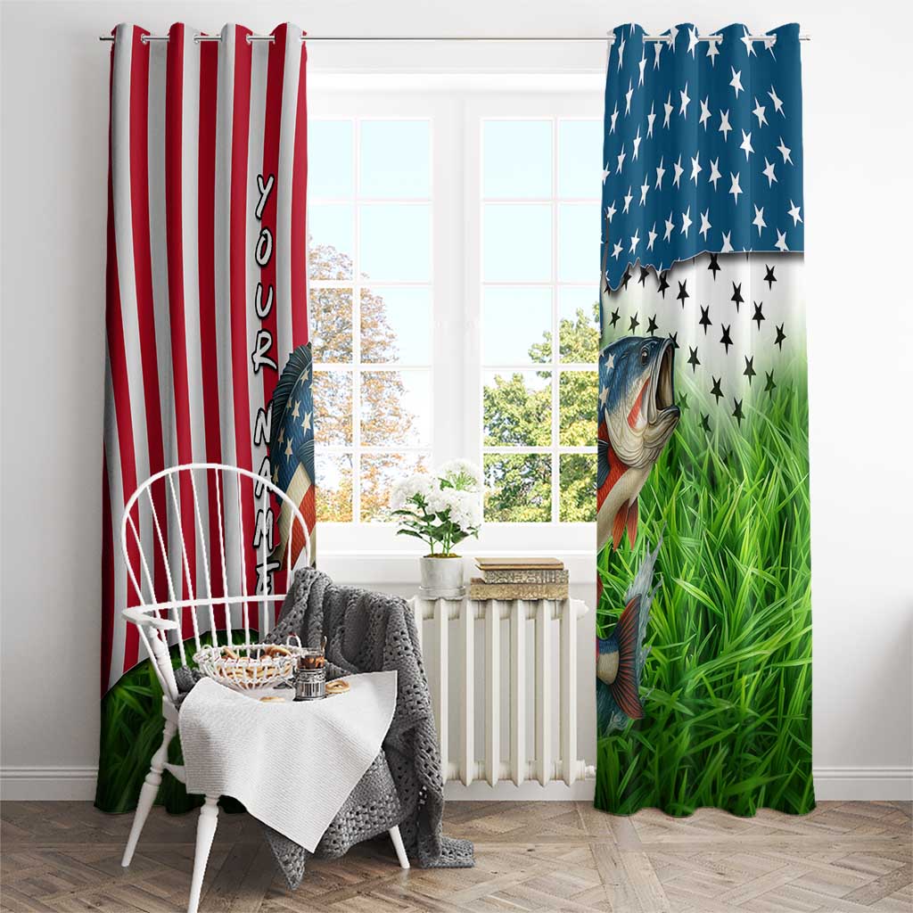 American Flag Bass Fishing Design Window Curtain with Largemouth Bass and Green Grass Background - Wonder Print Shop