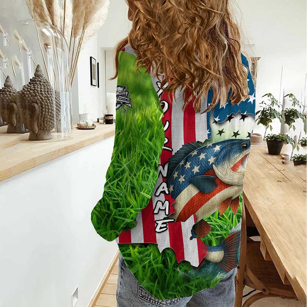 American Flag Bass Fishing Design Women Casual Shirt with Largemouth Bass and Green Grass Background - Wonder Print Shop