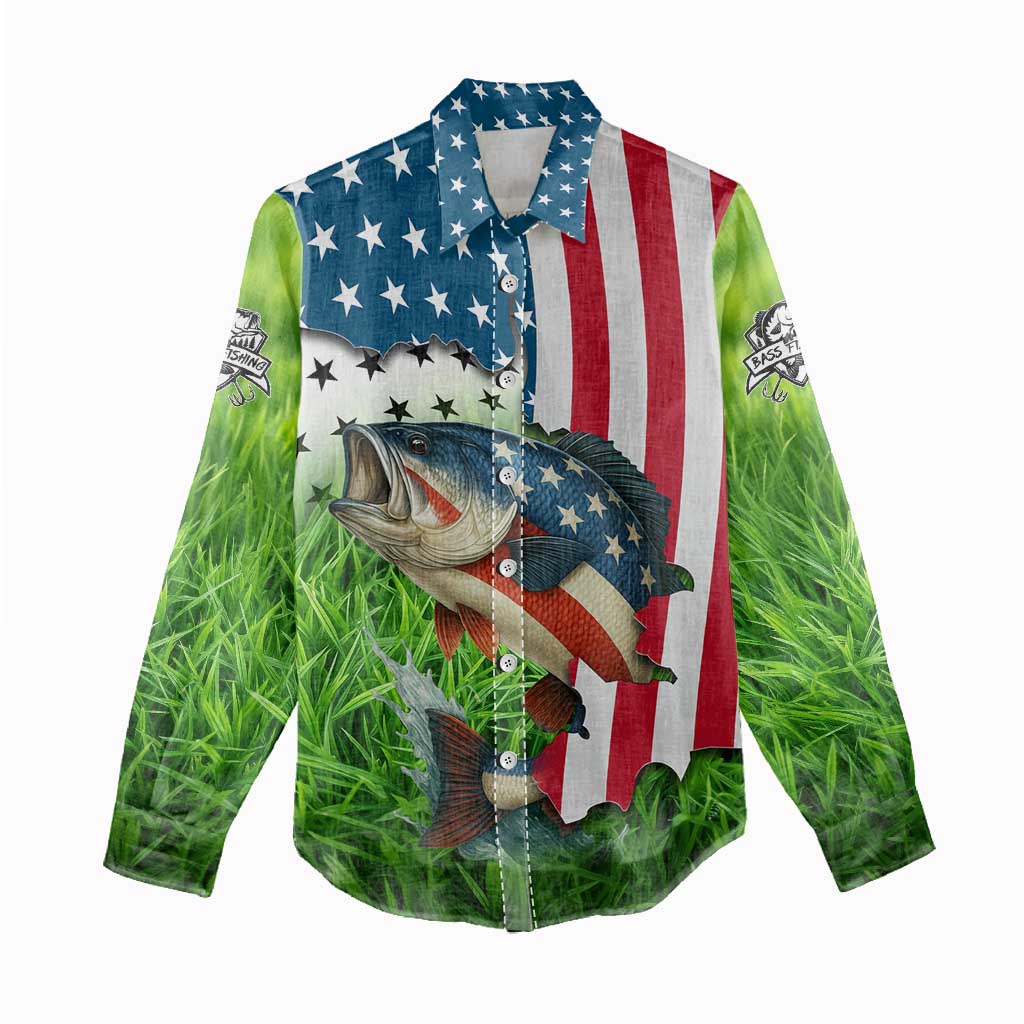 American Flag Bass Fishing Design Women Casual Shirt with Largemouth Bass and Green Grass Background - Wonder Print Shop