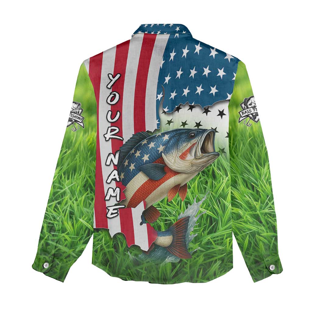 American Flag Bass Fishing Design Women Casual Shirt with Largemouth Bass and Green Grass Background - Wonder Print Shop