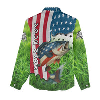 American Flag Bass Fishing Design Women Casual Shirt with Largemouth Bass and Green Grass Background - Wonder Print Shop