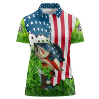 American Flag Bass Fishing Design Women Polo Shirt with Largemouth Bass and Green Grass Background - Wonder Print Shop