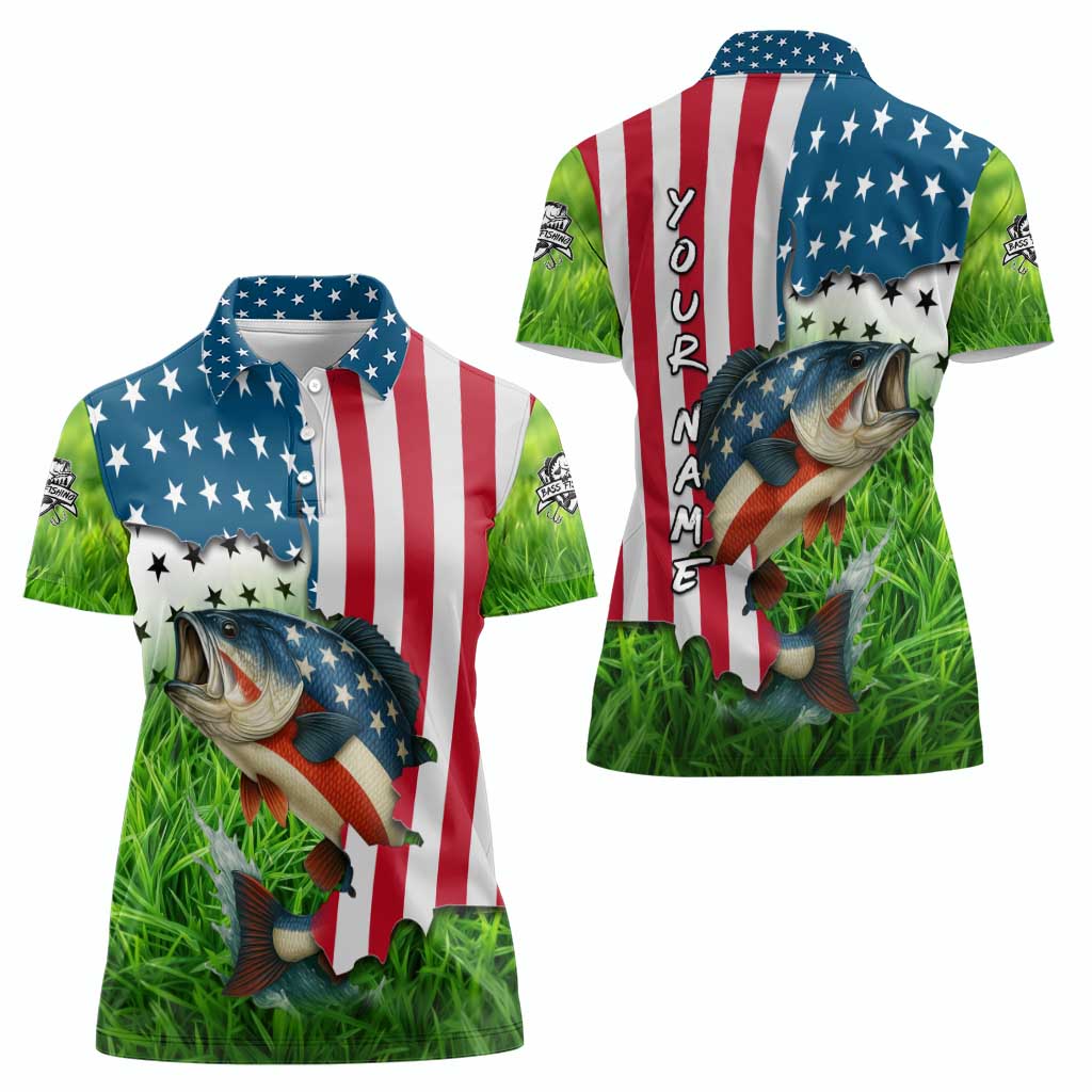 American Flag Bass Fishing Design Women Polo Shirt with Largemouth Bass and Green Grass Background - Wonder Print Shop
