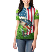 American Flag Bass Fishing Design Women Polo Shirt with Largemouth Bass and Green Grass Background - Wonder Print Shop