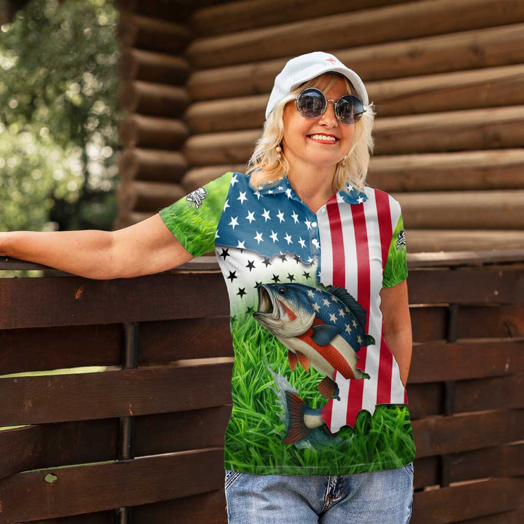 American Flag Bass Fishing Design Women Polo Shirt with Largemouth Bass and Green Grass Background - Wonder Print Shop