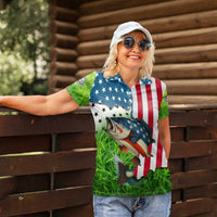 American Flag Bass Fishing Design Women Polo Shirt with Largemouth Bass and Green Grass Background - Wonder Print Shop
