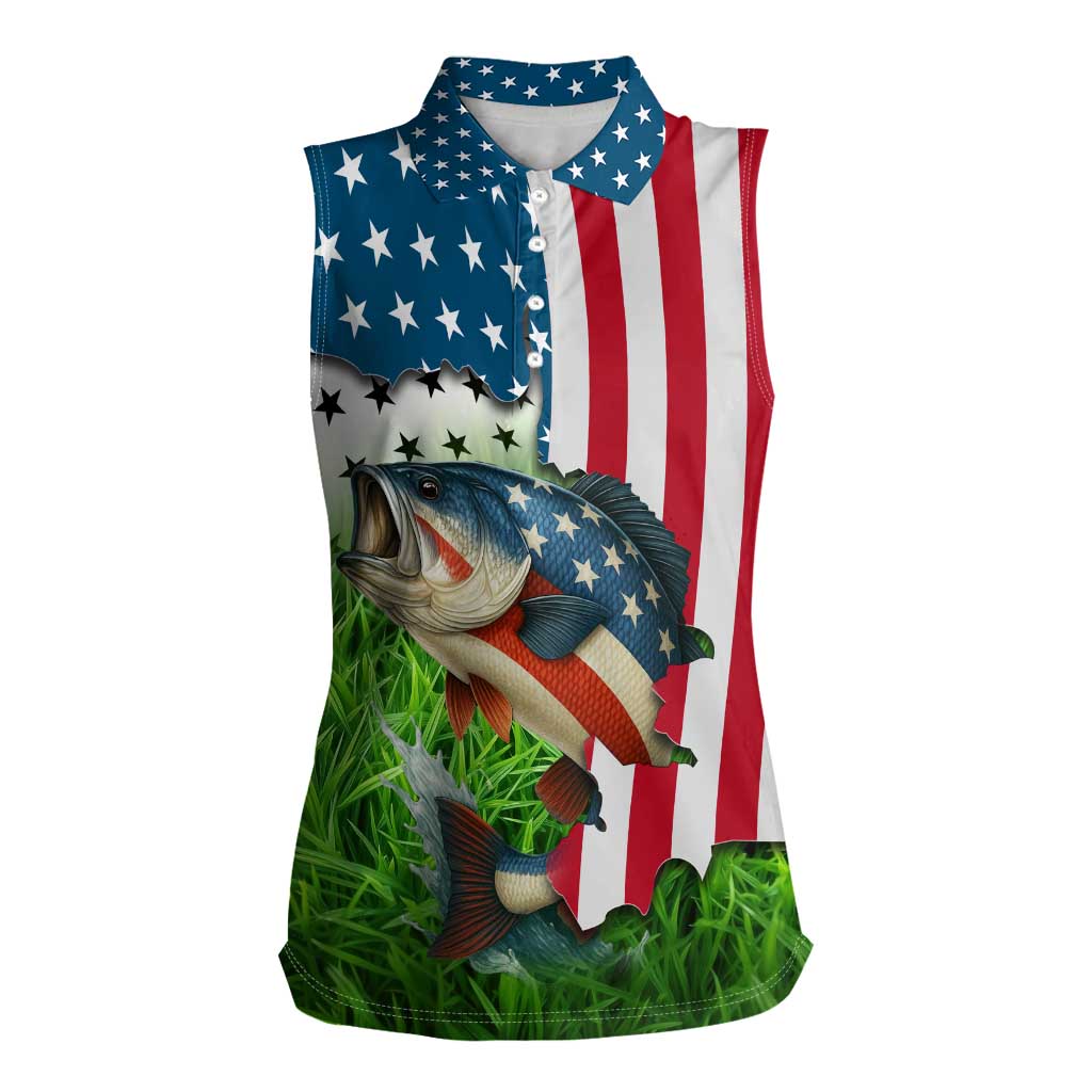 American Flag Bass Fishing Design Women Sleeveless Polo Shirt with Largemouth Bass and Green Grass Background - Wonder Print Shop