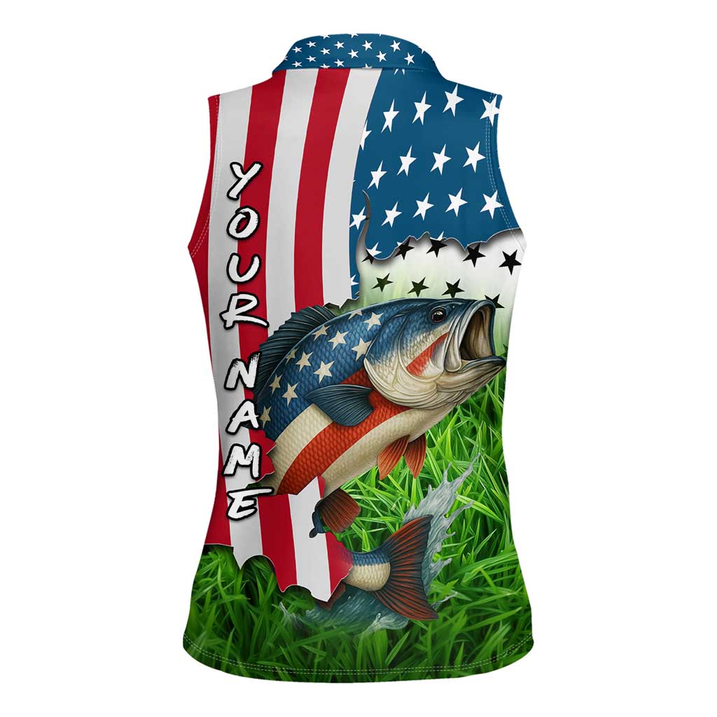 American Flag Bass Fishing Design Women Sleeveless Polo Shirt with Largemouth Bass and Green Grass Background - Wonder Print Shop