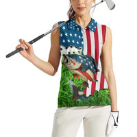 American Flag Bass Fishing Design Women Sleeveless Polo Shirt with Largemouth Bass and Green Grass Background - Wonder Print Shop
