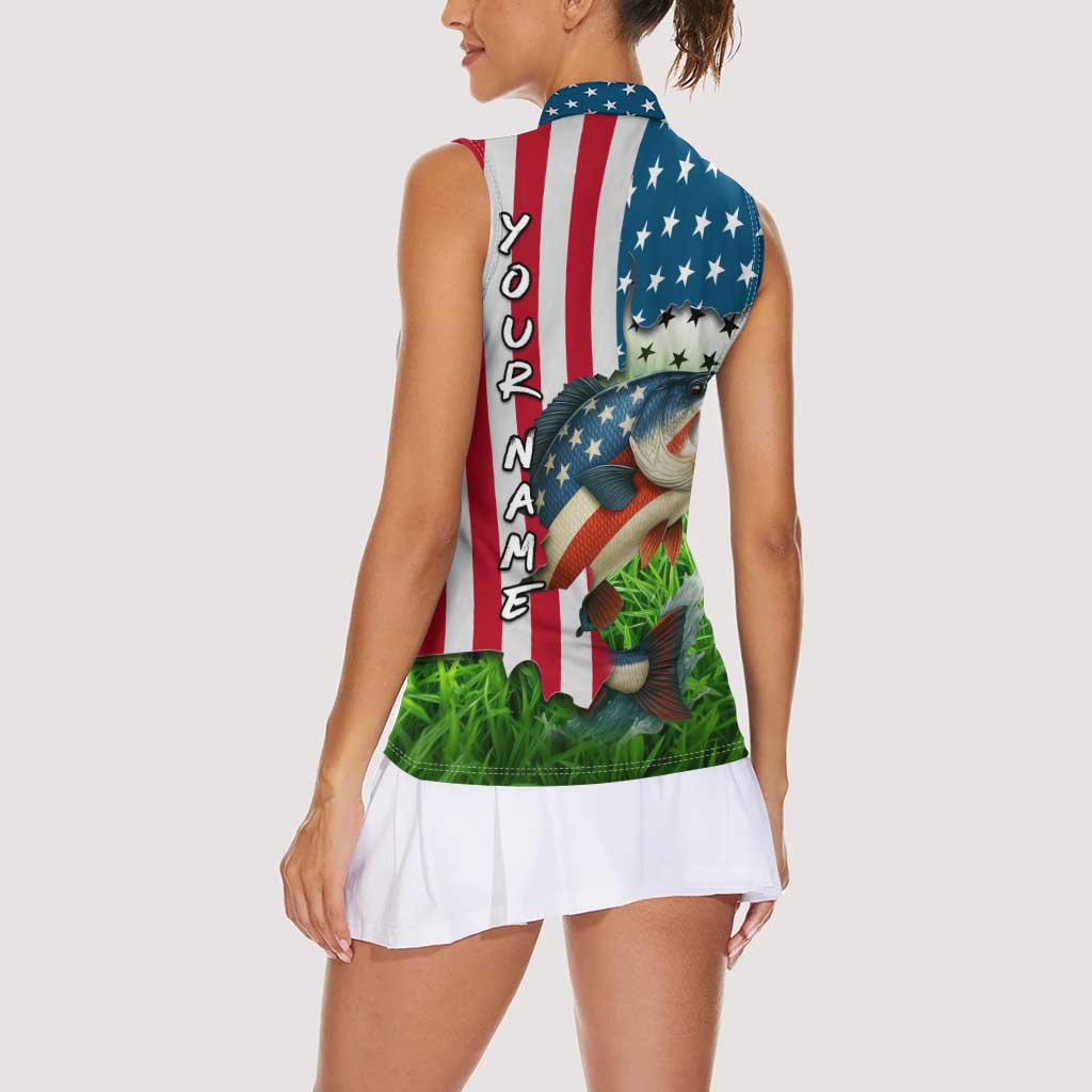 American Flag Bass Fishing Design Women Sleeveless Polo Shirt with Largemouth Bass and Green Grass Background - Wonder Print Shop