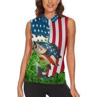 American Flag Bass Fishing Design Women Sleeveless Polo Shirt with Largemouth Bass and Green Grass Background - Wonder Print Shop