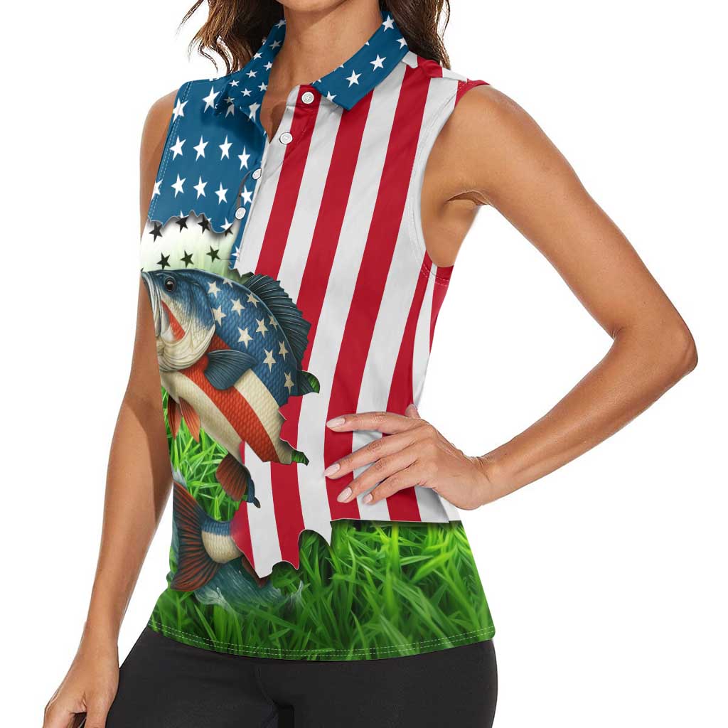 American Flag Bass Fishing Design Women Sleeveless Polo Shirt with Largemouth Bass and Green Grass Background - Wonder Print Shop