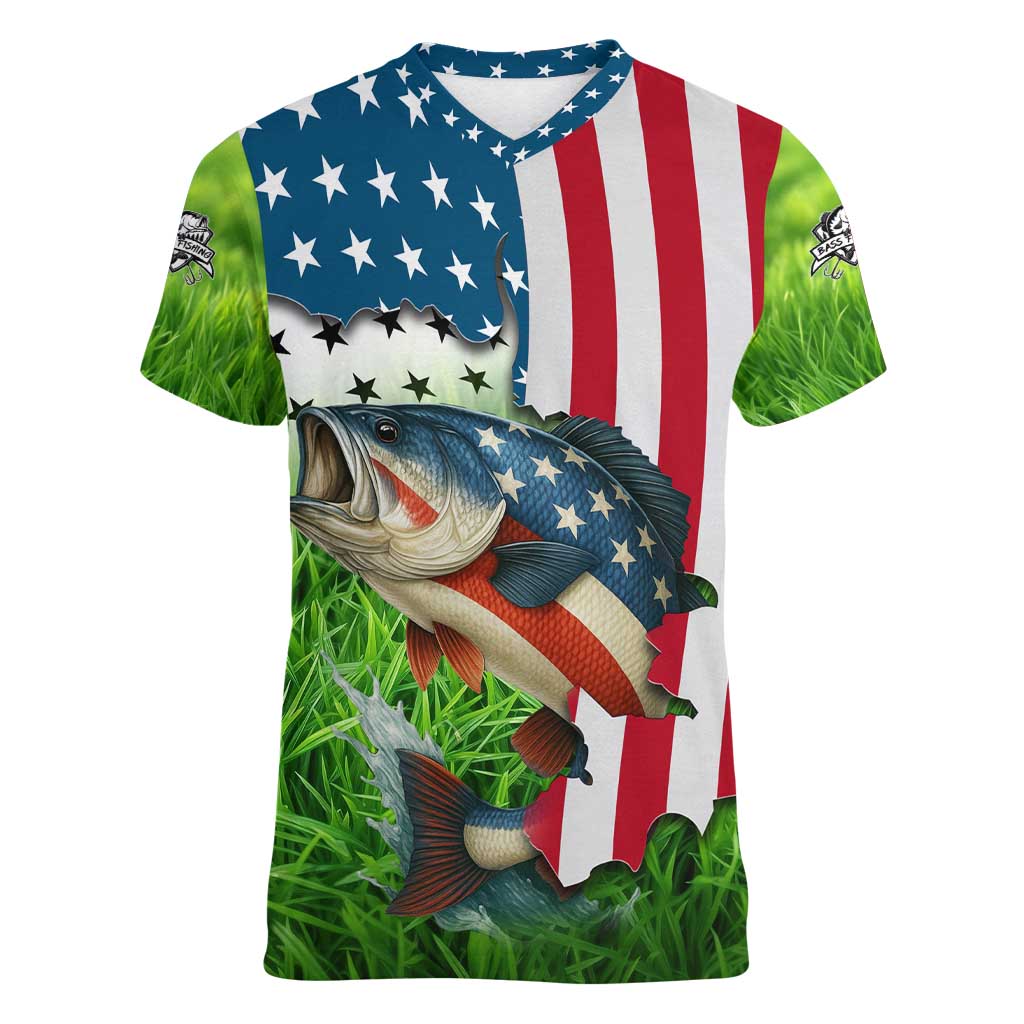 American Flag Bass Fishing Design Women V-Neck T-Shirt with Largemouth Bass and Green Grass Background - Wonder Print Shop