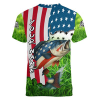 American Flag Bass Fishing Design Women V-Neck T-Shirt with Largemouth Bass and Green Grass Background - Wonder Print Shop