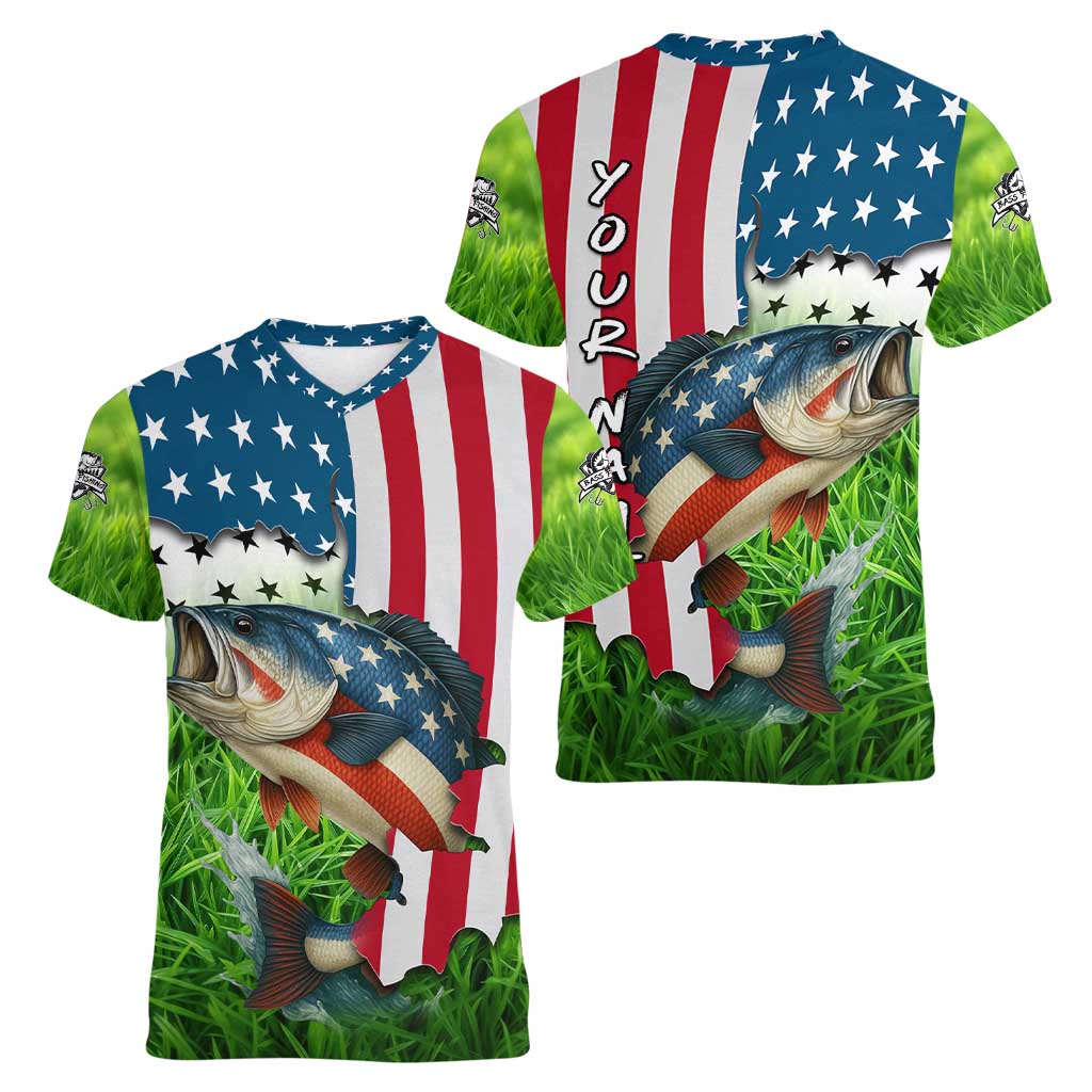 American Flag Bass Fishing Design Women V-Neck T-Shirt with Largemouth Bass and Green Grass Background - Wonder Print Shop