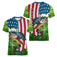 American Flag Bass Fishing Design Women V-Neck T-Shirt with Largemouth Bass and Green Grass Background - Wonder Print Shop