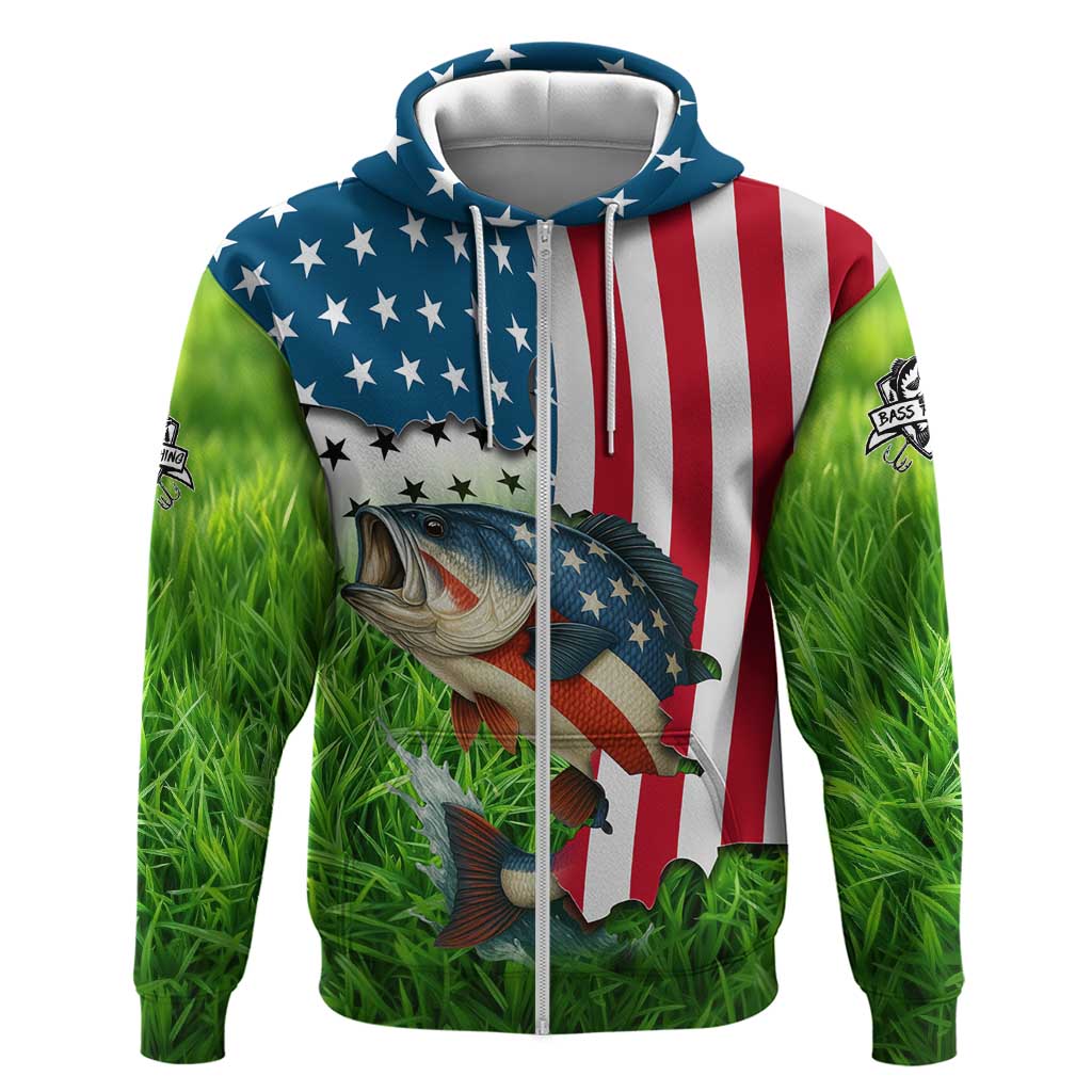 American Flag Bass Fishing Design Zip Hoodie with Largemouth Bass and Green Grass Background - Wonder Print Shop