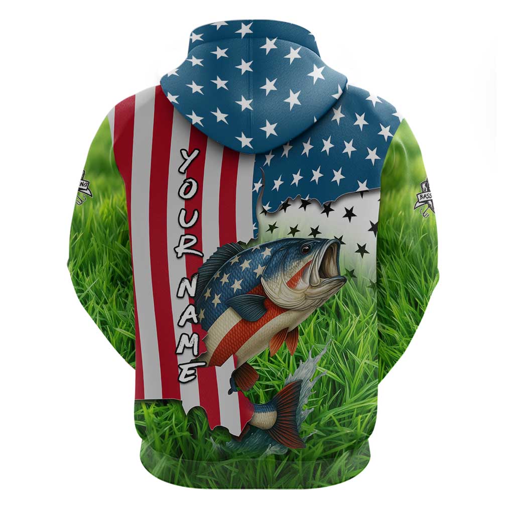 American Flag Bass Fishing Design Zip Hoodie with Largemouth Bass and Green Grass Background - Wonder Print Shop