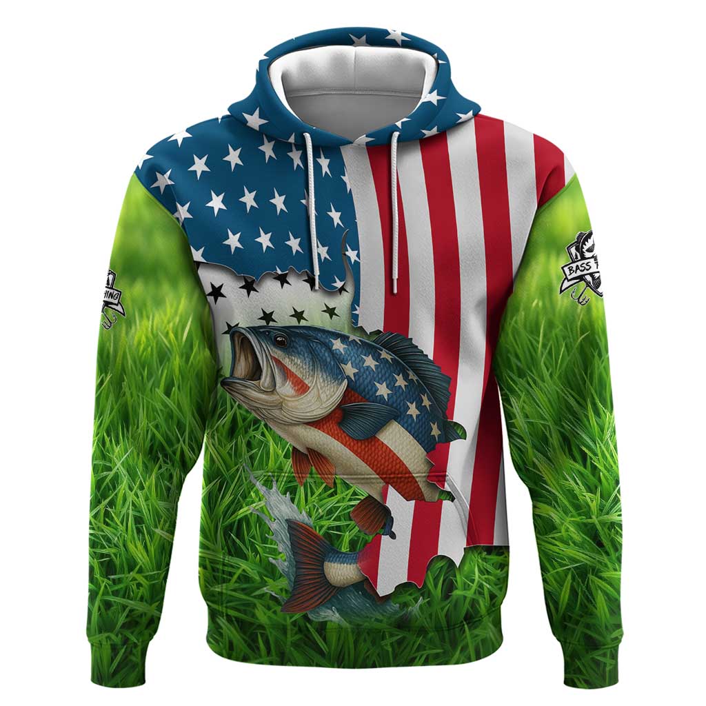 American Flag Bass Fishing Design Zip Hoodie with Largemouth Bass and Green Grass Background - Wonder Print Shop
