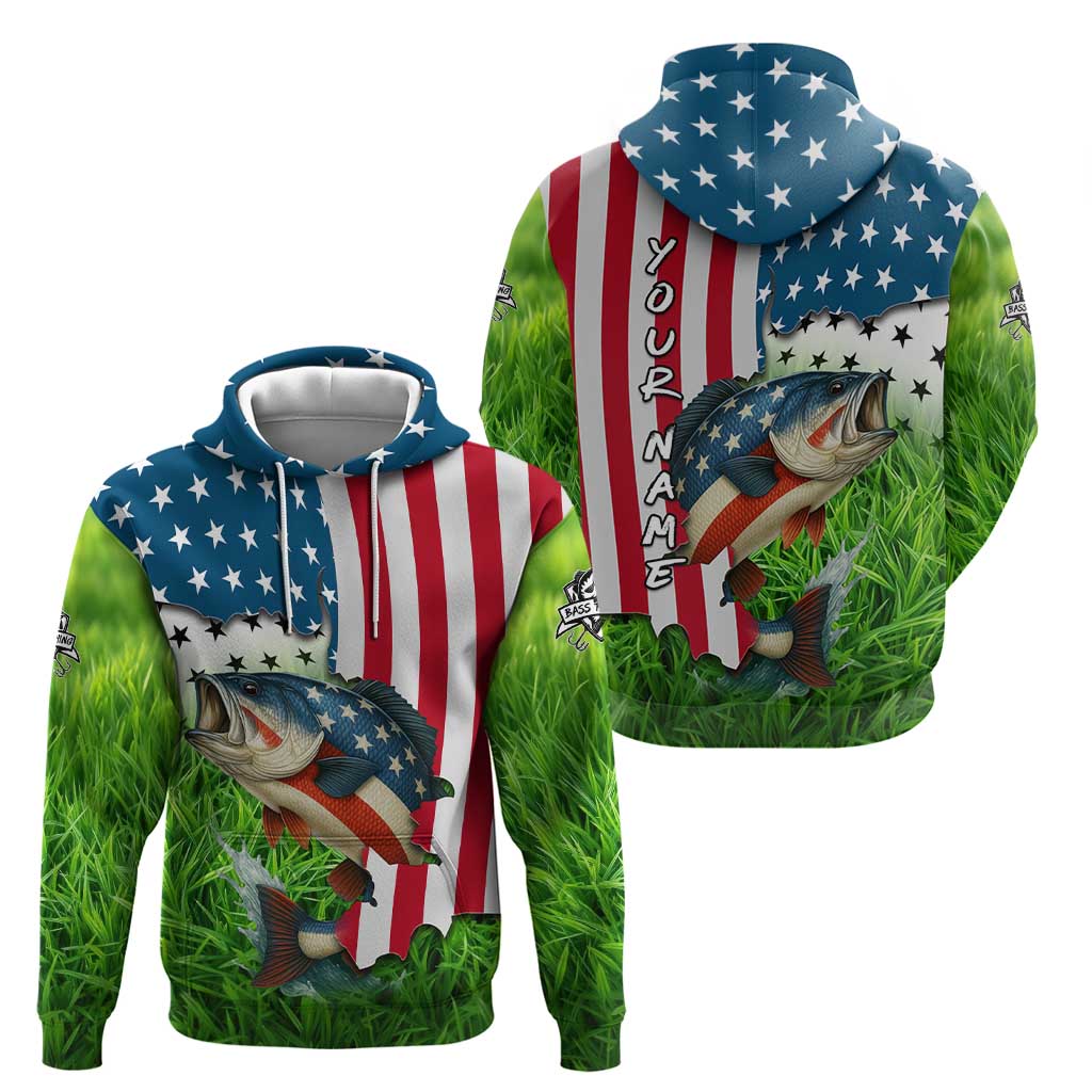 American Flag Bass Fishing Design Zip Hoodie with Largemouth Bass and Green Grass Background - Wonder Print Shop