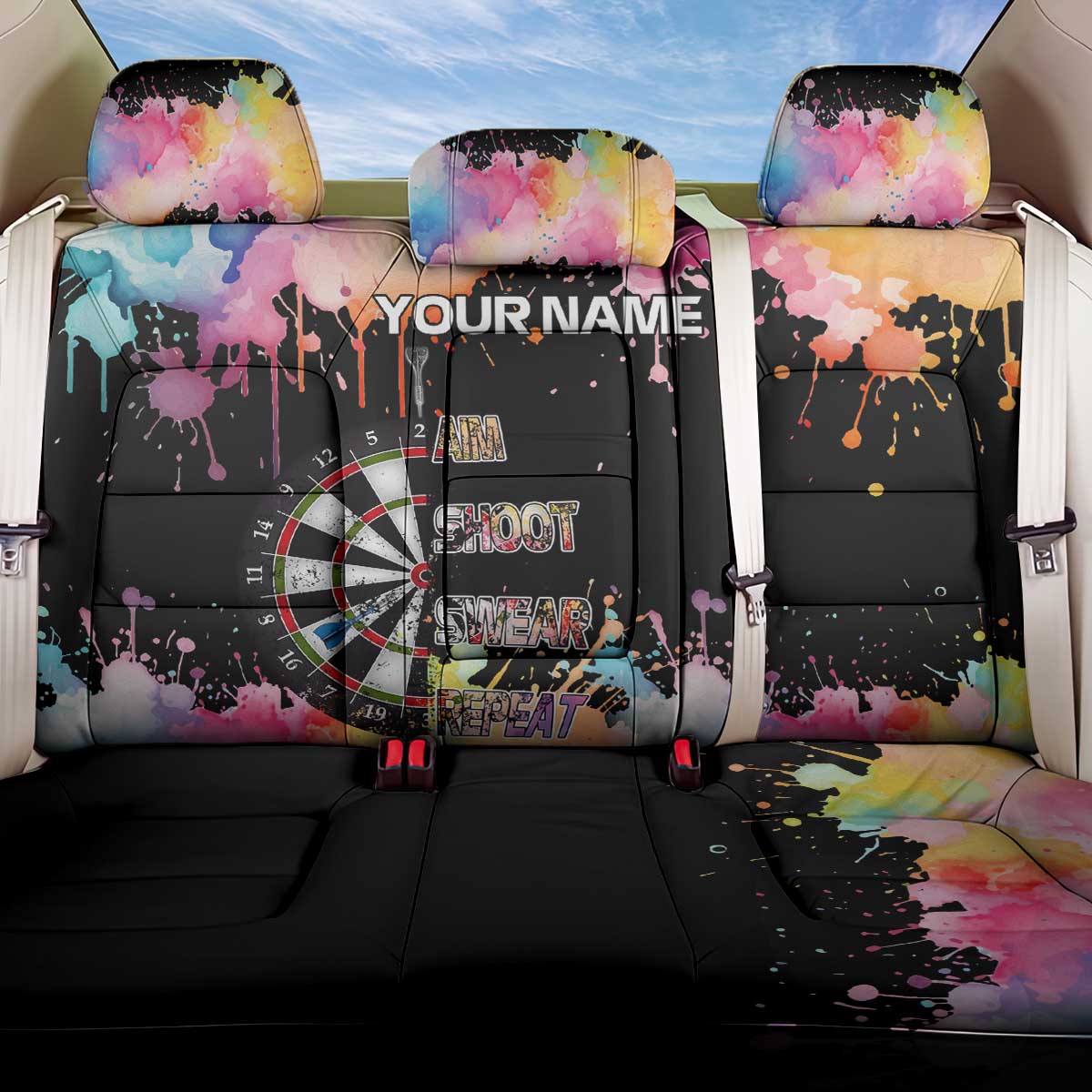 Dartboard and Colorful Paint Splash Darts Back Car Seat Cover with Aim Shoot Swear Repeat Quote Custom Name - Wonder Print Shop