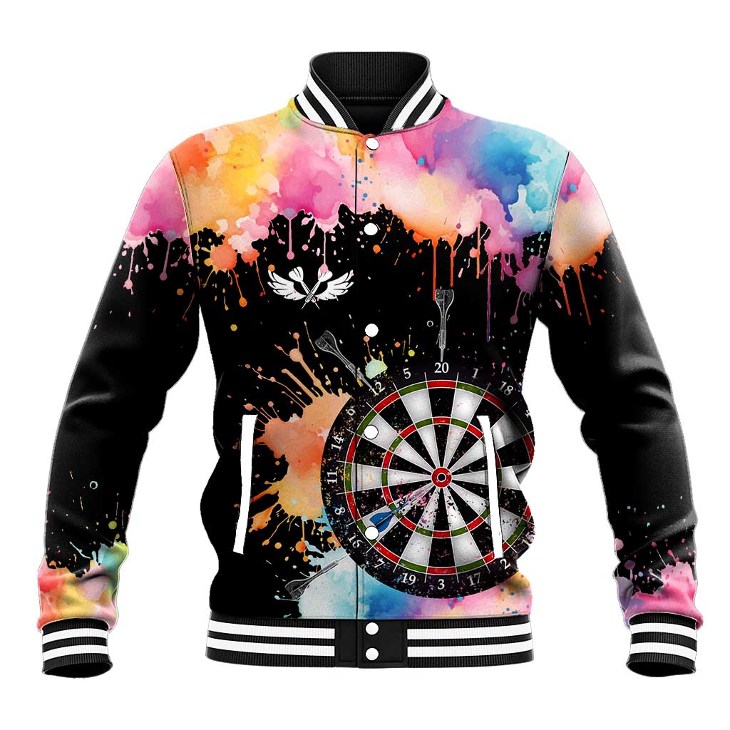 Dartboard and Colorful Paint Splash Darts Baseball Jacket with Aim Shoot Swear Repeat Quote Custom Name TS04