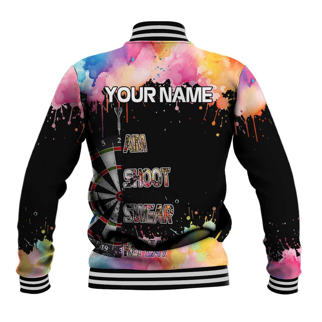 Dartboard and Colorful Paint Splash Darts Baseball Jacket with Aim Shoot Swear Repeat Quote Custom Name TS04