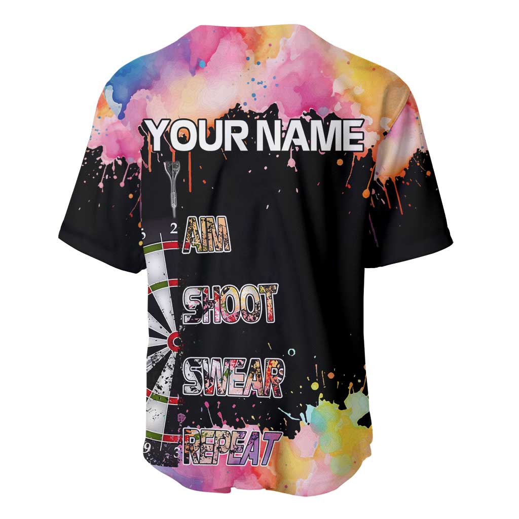 Dartboard and Colorful Paint Splash Darts Baseball Jersey with Aim Shoot Swear Repeat Quote Custom Name TS04