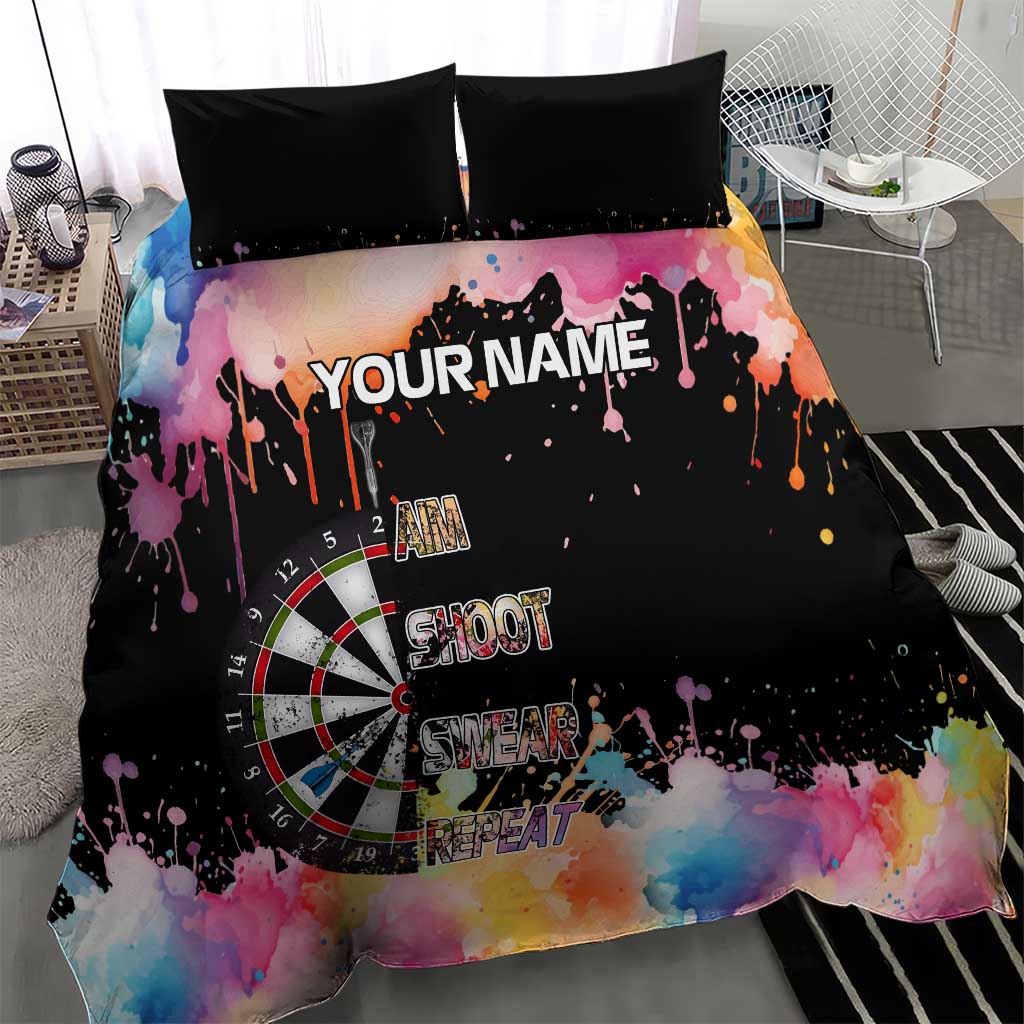 Dartboard and Colorful Paint Splash Darts Bedding Set with Aim Shoot Swear Repeat Quote Custom Name - Wonder Print Shop