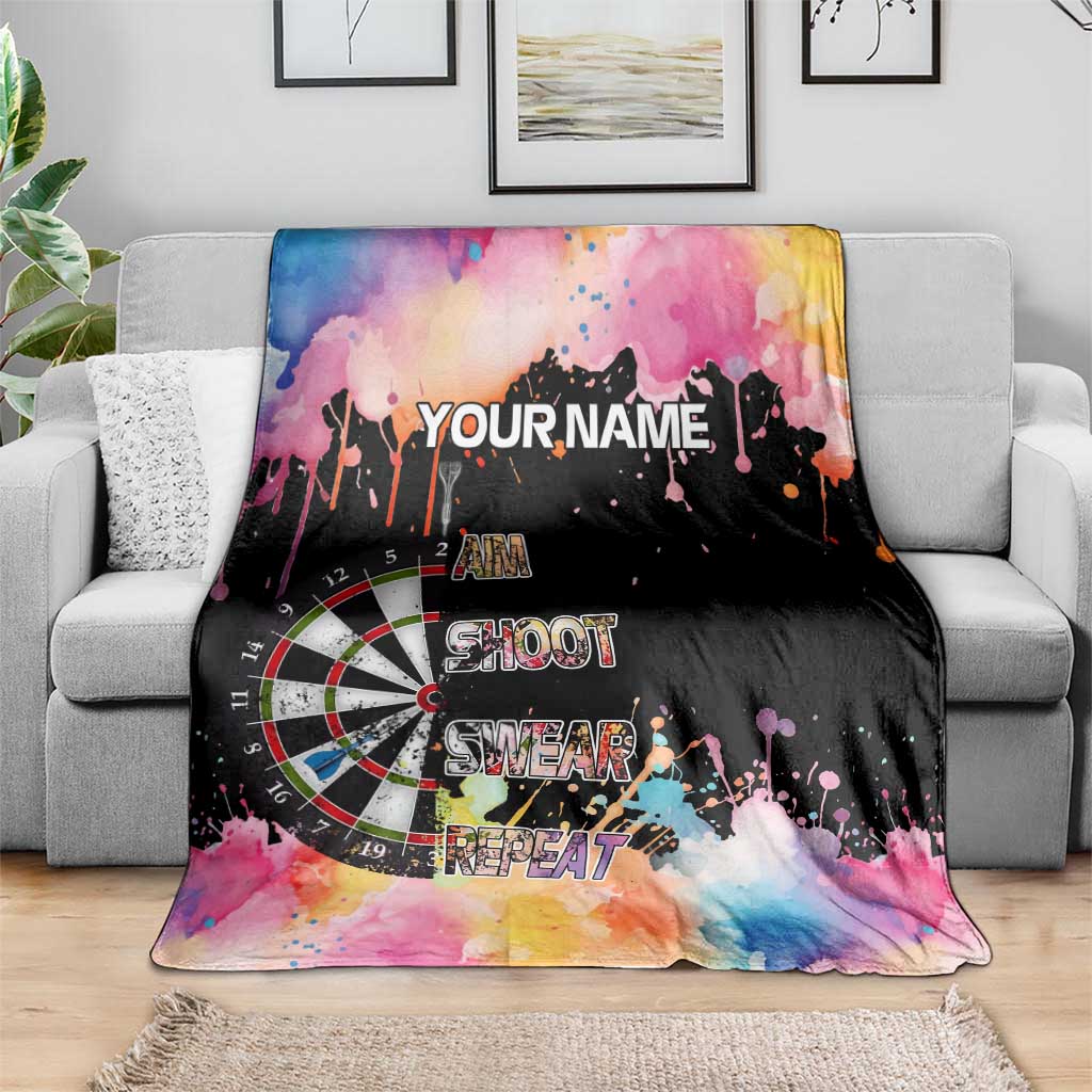 Dartboard and Colorful Paint Splash Darts Blanket with Aim Shoot Swear Repeat Quote Custom Name - Wonder Print Shop